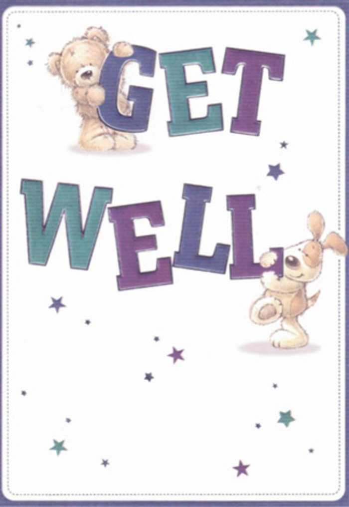 The get well card's illustration unfolds like a storybook scene set in the heart of Brondesbury-a teddy bear, soft and golden, reaches out to a floppy-eared pup, their faces alight with kindness. Together, they deliver a bold message, supporting vibrant letters shaded in rich purples and luminous aquas that span the center of a spotless, light-filled background. Dancing around them, clusters of sparkling stars appear to scatter good wishes, their deep blue and violet hues reminiscent of twilight over Brondesbury Park. Each texture is purposeful: the bear's plush fur hints at gentle reassurance, while the puppy's velvety ears are rendered with such care they seem nearly touchable. The bold typography, crafted with a confident sweep, anchors the design, turning a simple greeting into an uplifting gesture. Like a thoughtfully composed bouquet from a local florist, every detail is set to inspire healing-imbued with comfort, encouragement, and a touch of whimsical joy unique to the area. This image offers more than just a card; it extends warmth and bright hope, perfect for supporting anyone's journey to wellness in Brondesbury's close-knit community.