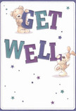 This get well card illustration exudes cheerful comfort, capturing the playful heart of Brondesbury through two charming companions-a fuzzy teddy bear and a floppy-eared, wide-eyed puppy. Both characters seem to leap from the page, engaging with the bold, textured lettering spelling 'Get Well.' The bear balances atop sturdy purple letters, while the puppy joyfully supports the vibrant teal text from below, both covered in lovingly detailed, soft fur that radiates approachability. Dotted across the clean, creamy backdrop, star motifs in indigo, blue, and violet shimmer with a sense of healing magic, reminiscent of starlit evenings spent along the streets surrounding Brondesbury station. The confident, friendly letters are lively yet reassuring, inviting the recipient to embrace the card's uplifting spirit. Every visual element-colour, shading, and animated posture-comes together as a heartfelt message of encouragement. Reminiscent of a comforting bouquet arranged by local hands, this design brings genuine warmth and hope, perfect for sending a little local joy to someone on their way to better days.